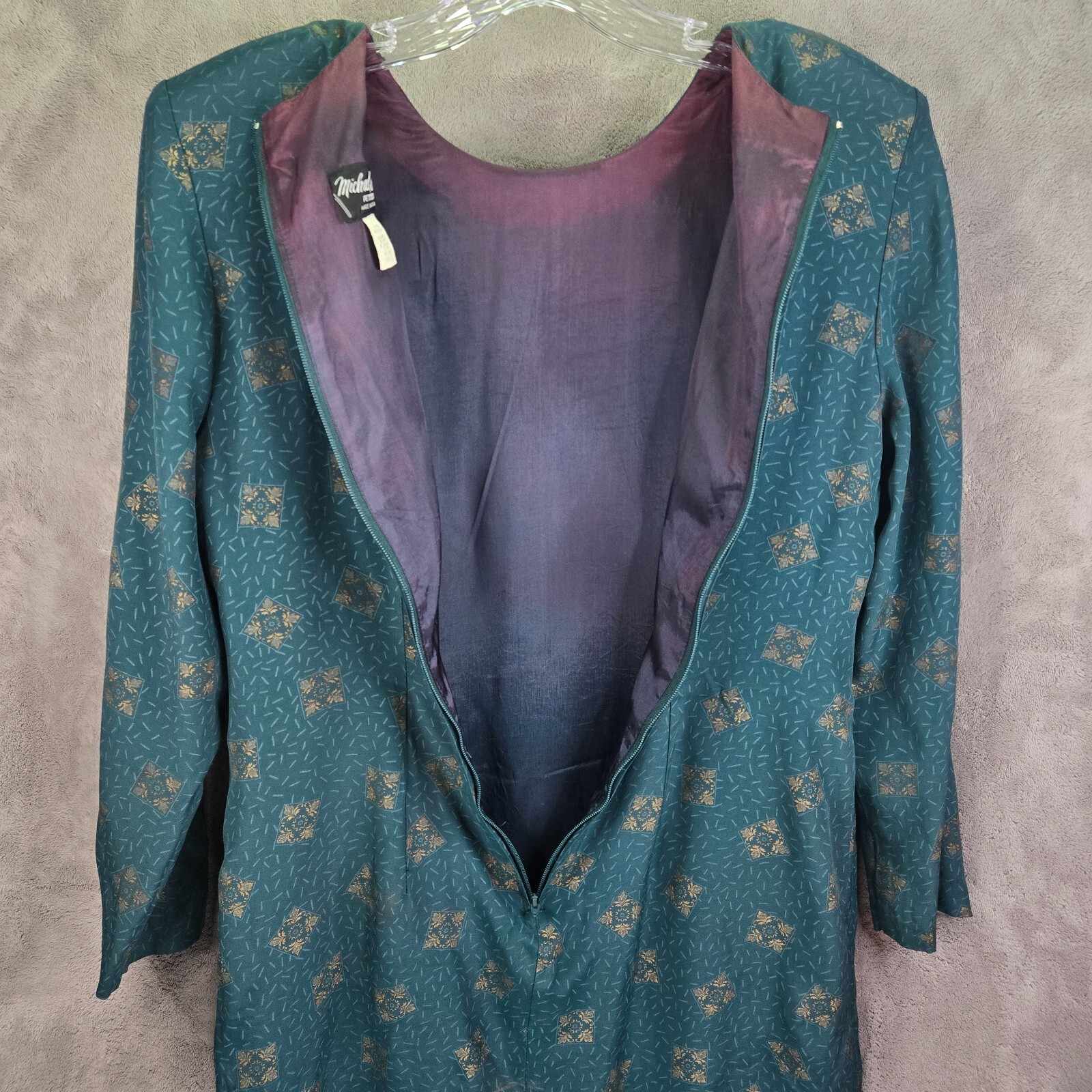 Vintage Michael B Ltd 80s Suit Dress Womens 10 Green Gold Buttons Shoulder Pads