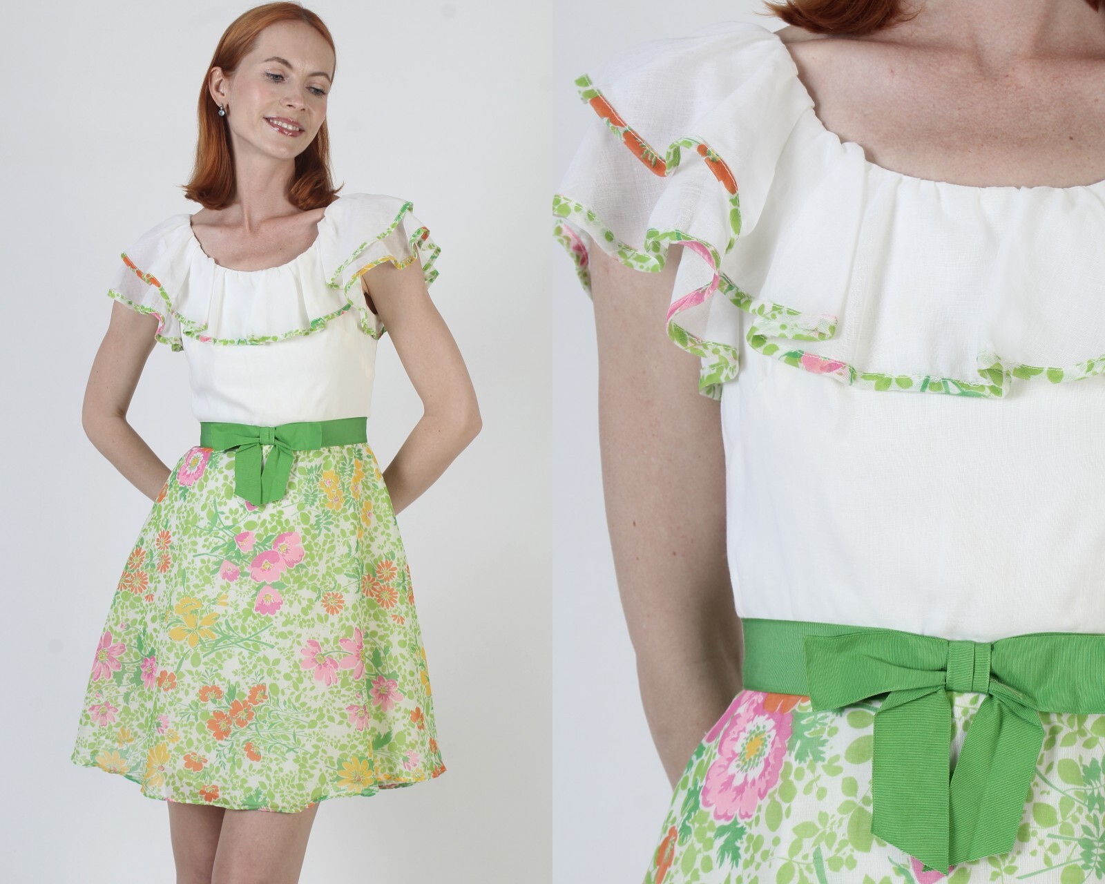 Vtg 70s Floral Mini Sundress Summer Ruffle Wht Bouquet Short Pageant Sun Frock