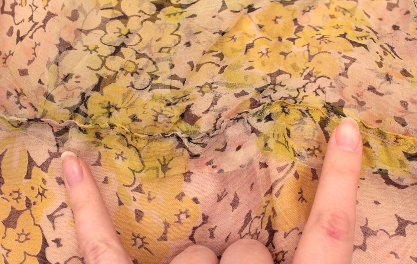 Vtg Women’s 30s Sheer Cream & Yellow Floral Pink Lining Chiffon Dress M/L 1930s