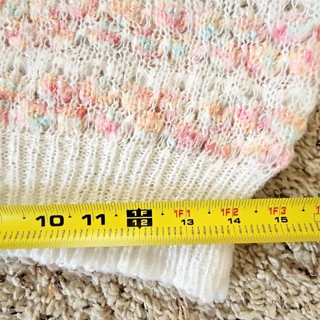 Vintage Womens Open Knit Sweater Large Feminine Coquette Pastels Puff Sleeves