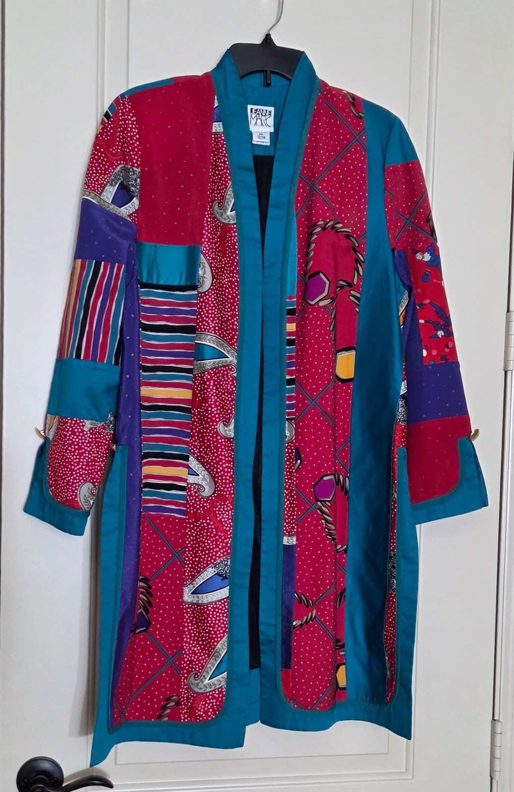 1980s JEANNE MARC Bright Teal Multi Print Patchwork Jacket Duster Coat M 12/14