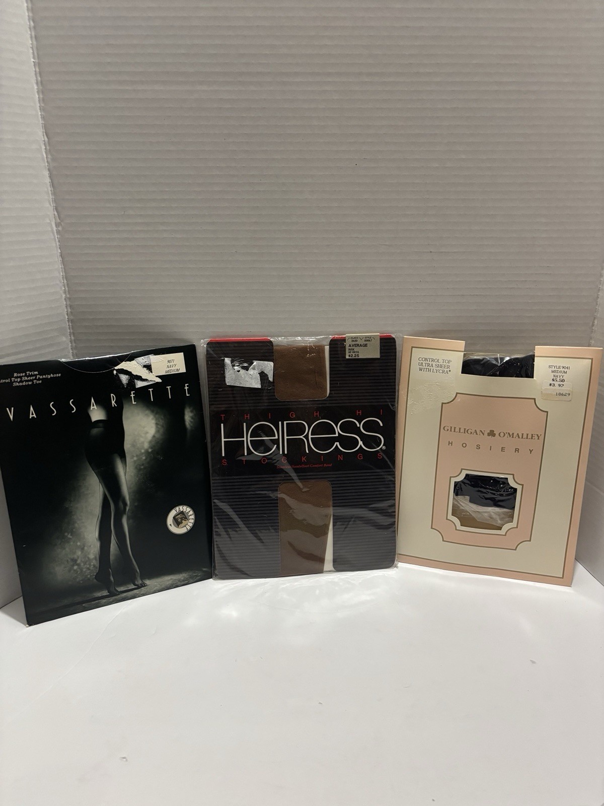 Lot 3 Vintage Vassarette, Heiress & Gilligan O’Malley Pantyhose 2 Navy, 1 Tan.