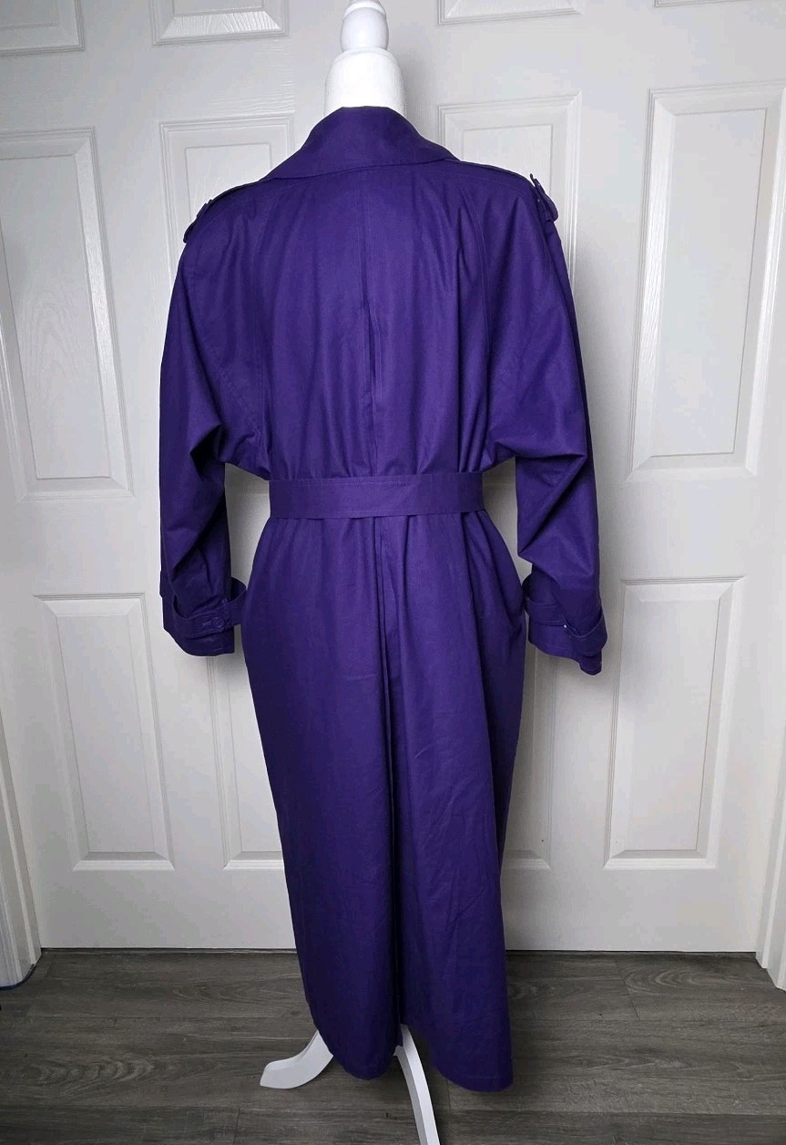 I. Magnin Vintage Women’s 12 Purple Trench Coat 80s 90s Belted Swing Long Lined
