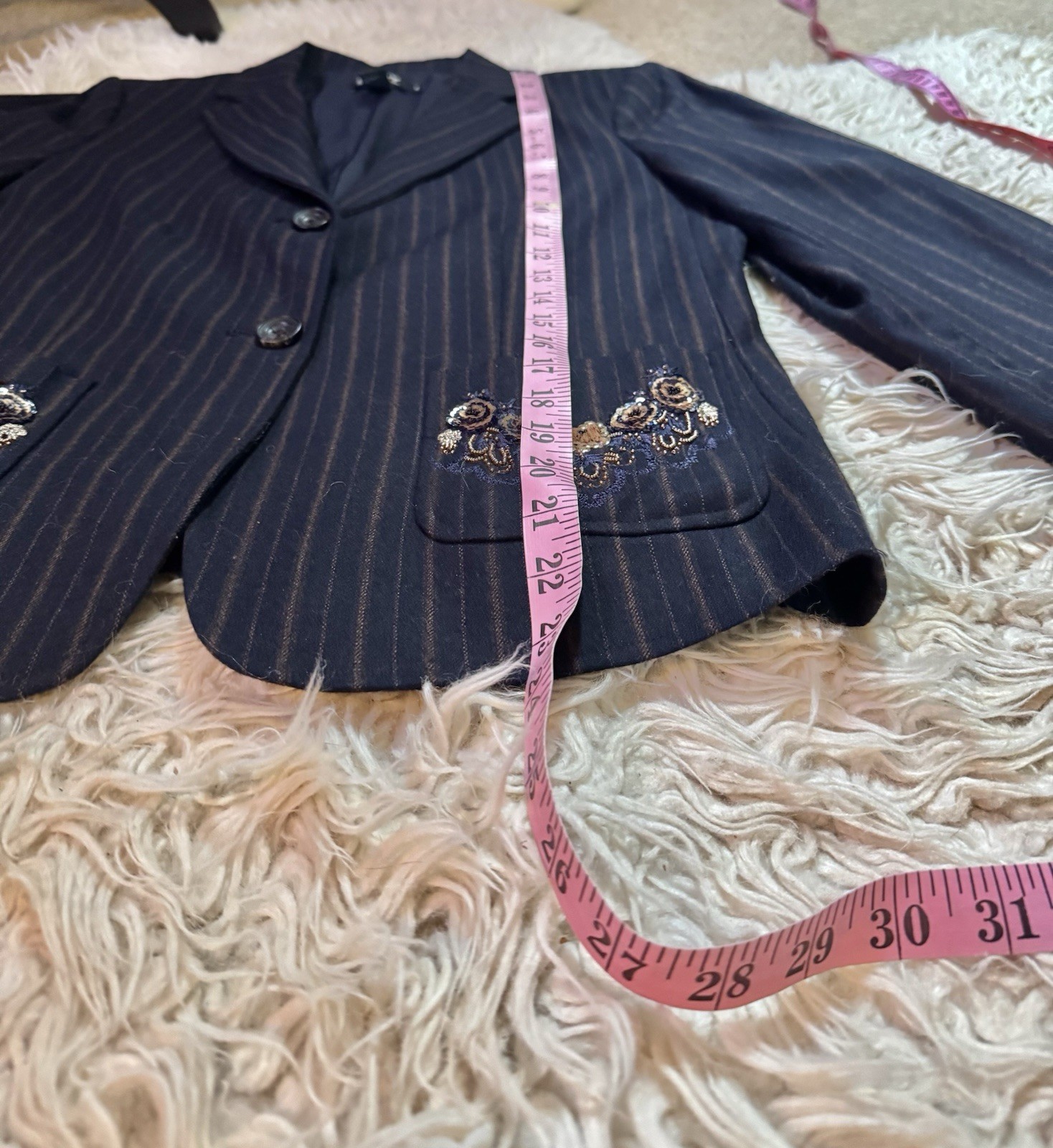 Vtg DKNY Donna Karan Navy Striped Beaded Blazer Jacket 8 S M 80s 90s Pockets