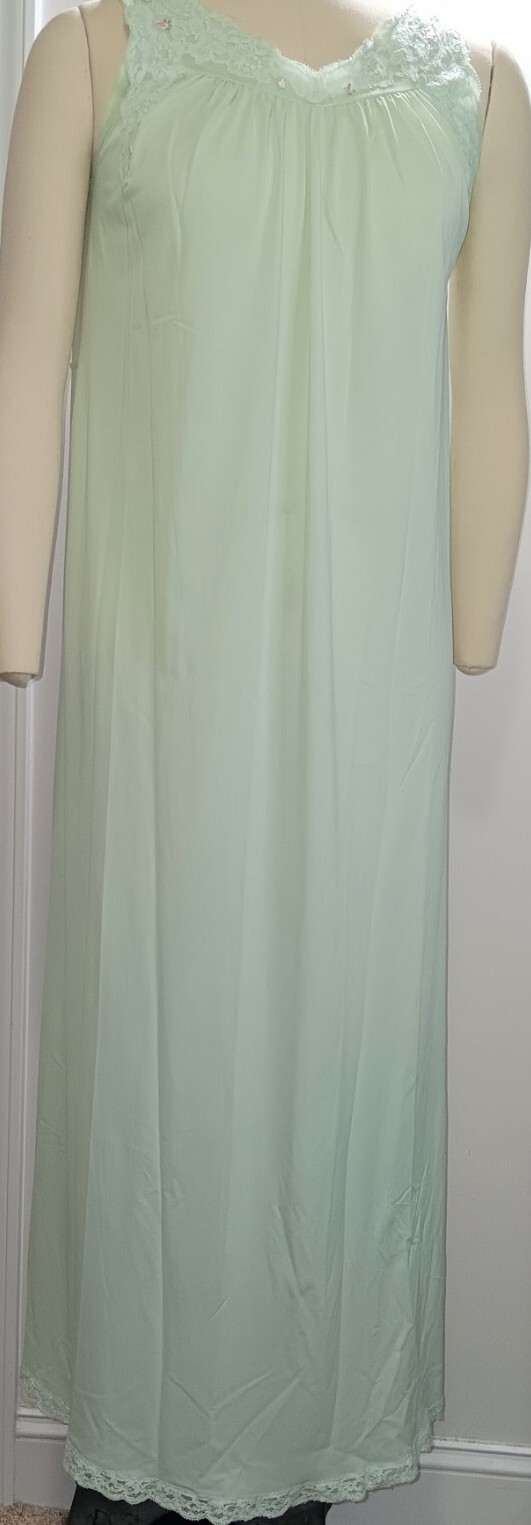 Vtg ShadowLine Pullover Long Nightgown Sz Sm Mint Green Lace Pink Rose Nylon USA