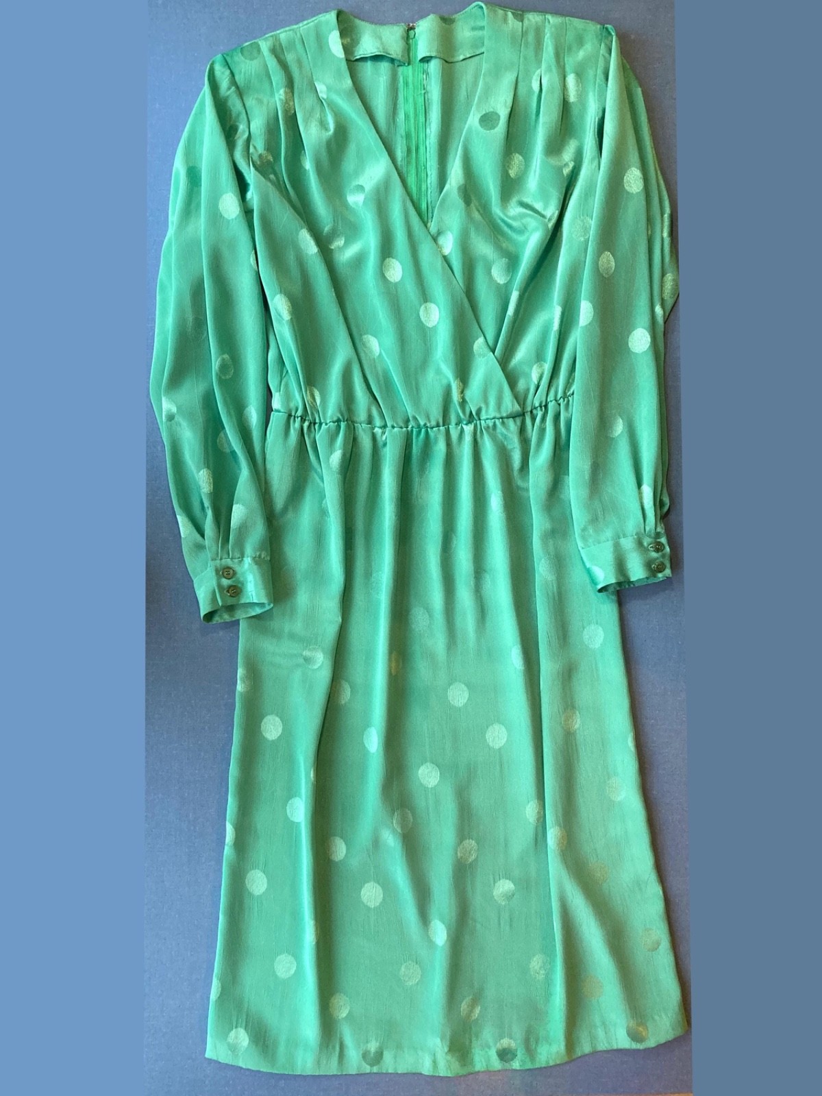 Vintage 80s Polka Dot Secretary Midi Dress, Green, Small, 39″ Chest