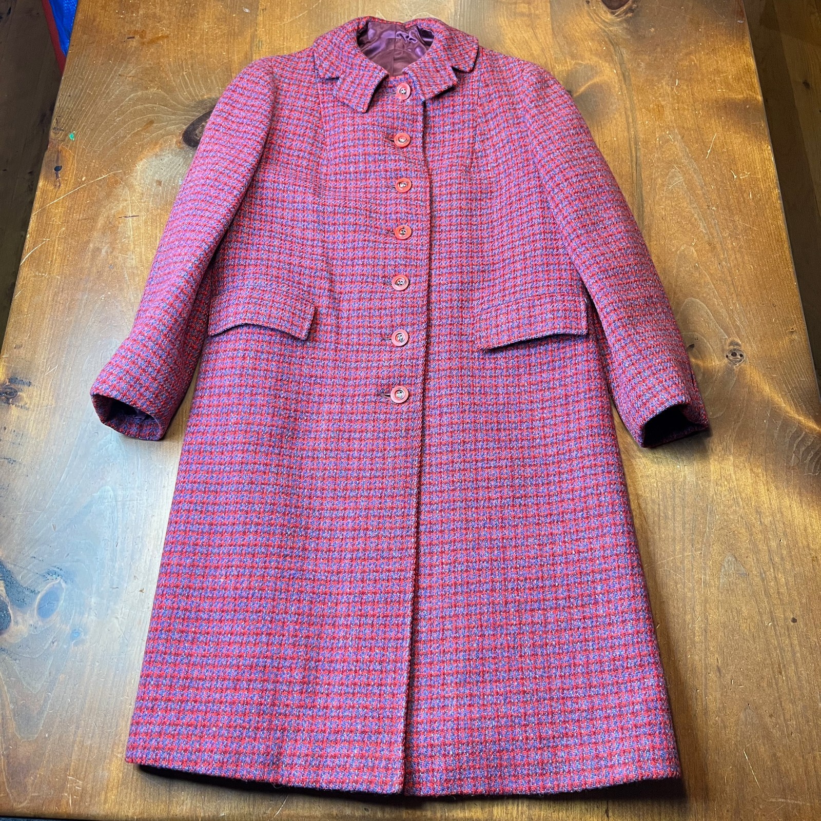 Harris Tweed Coat True Vintage 60s Women S/M Scottish Wool Red Purple Grandma