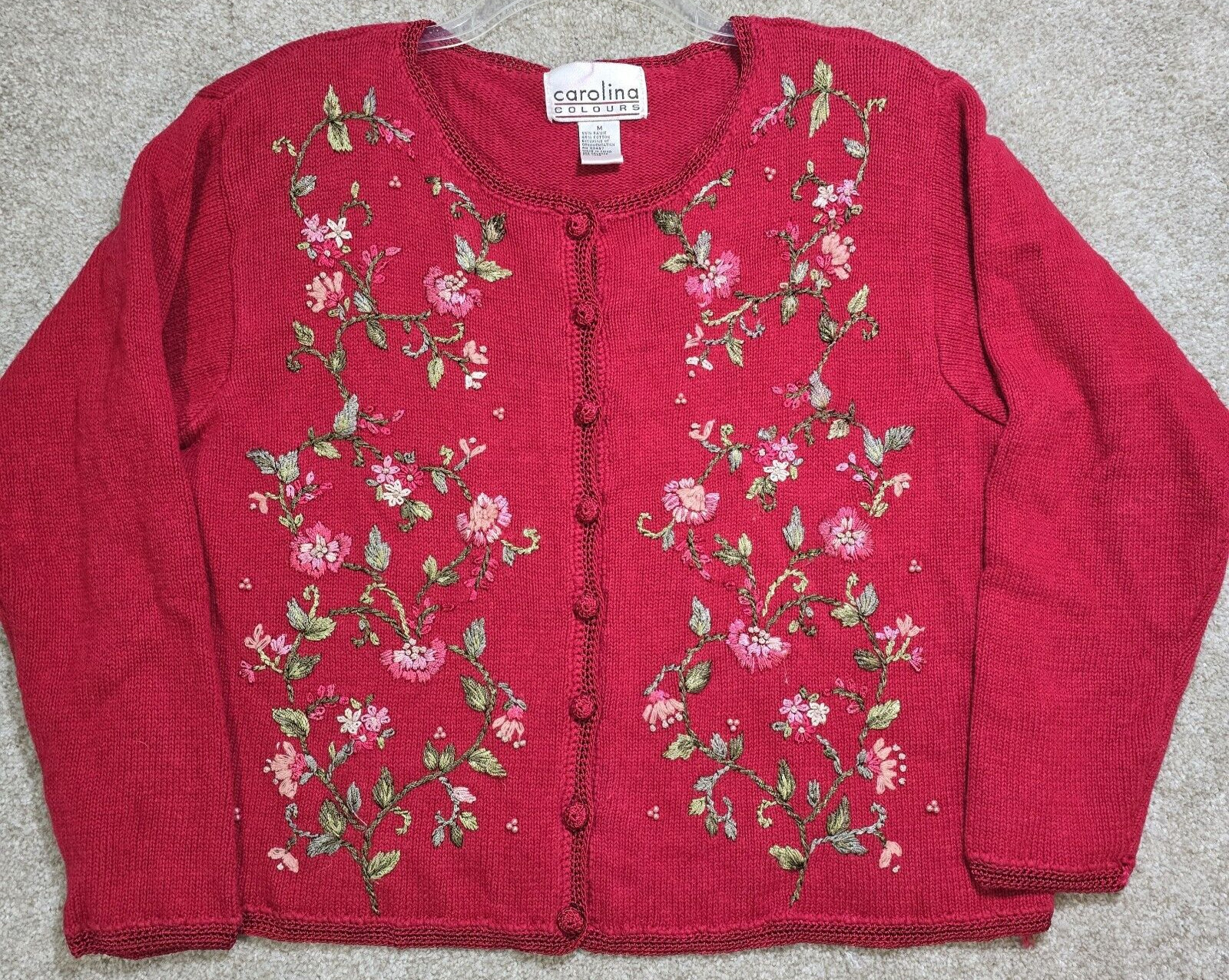 Carolina Colours Vtg Cardigan Sweater Ramie Cotton Embroidered Beaded Floral M