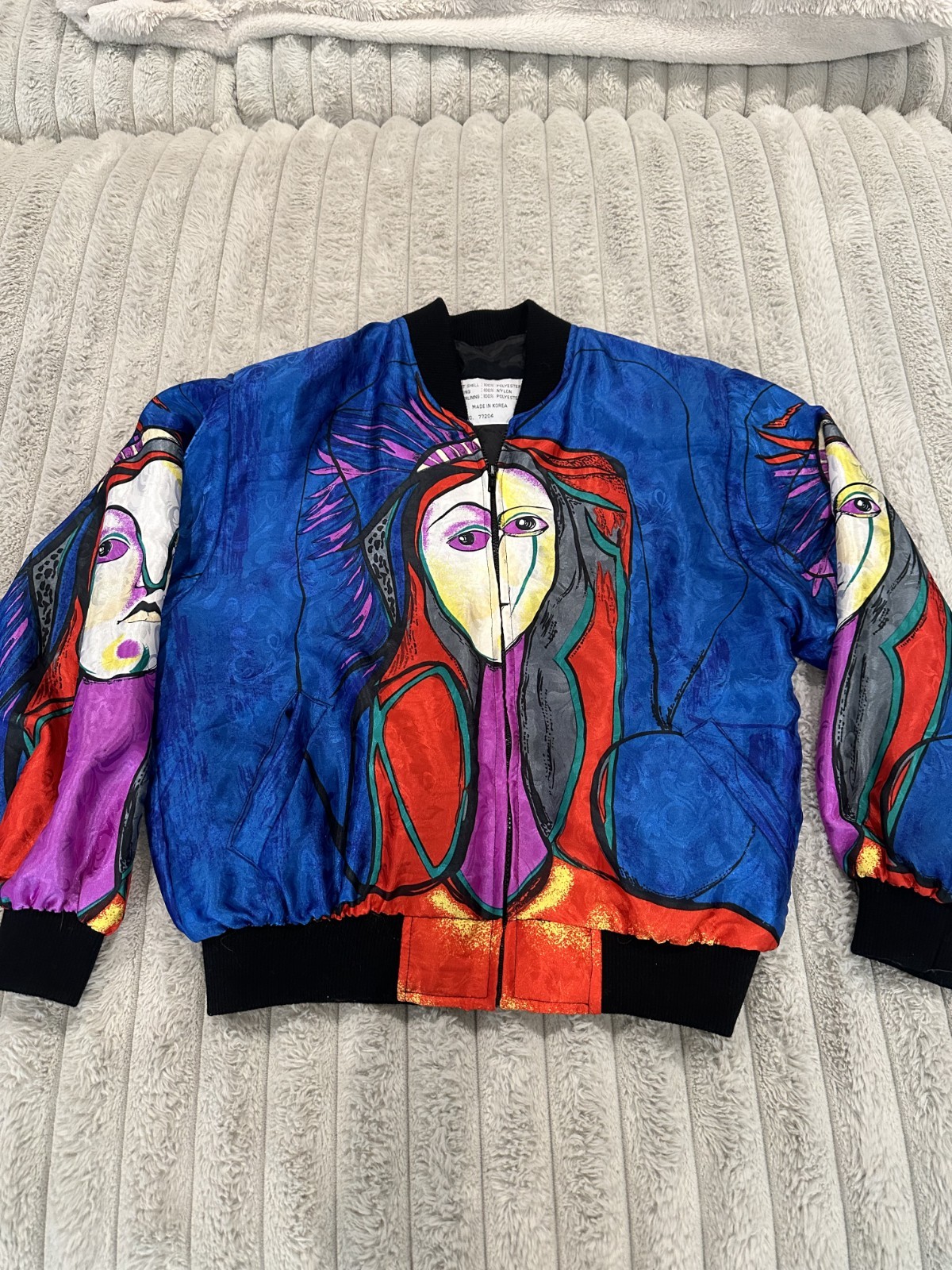 Vintage Picasso Inspired Abstract Art Bomber Jacket Blue Multicolor Korea