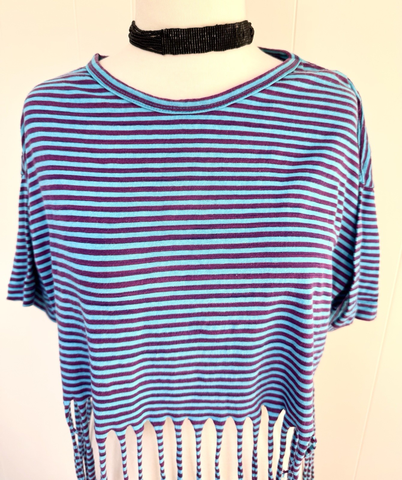 Vintage Jou Jou 80s Striped Crop Fringe Shirt Tee T One Size Blue Purple VTG