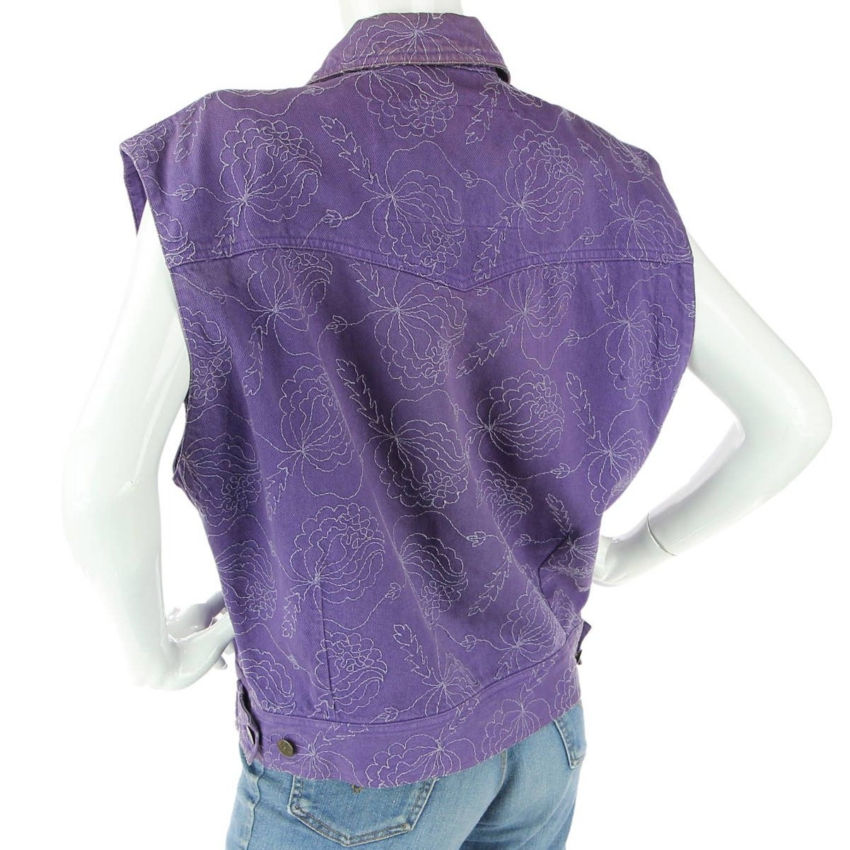 Vintage Italy Made All Over Embroidery Floral Purple Denim Jean Vest