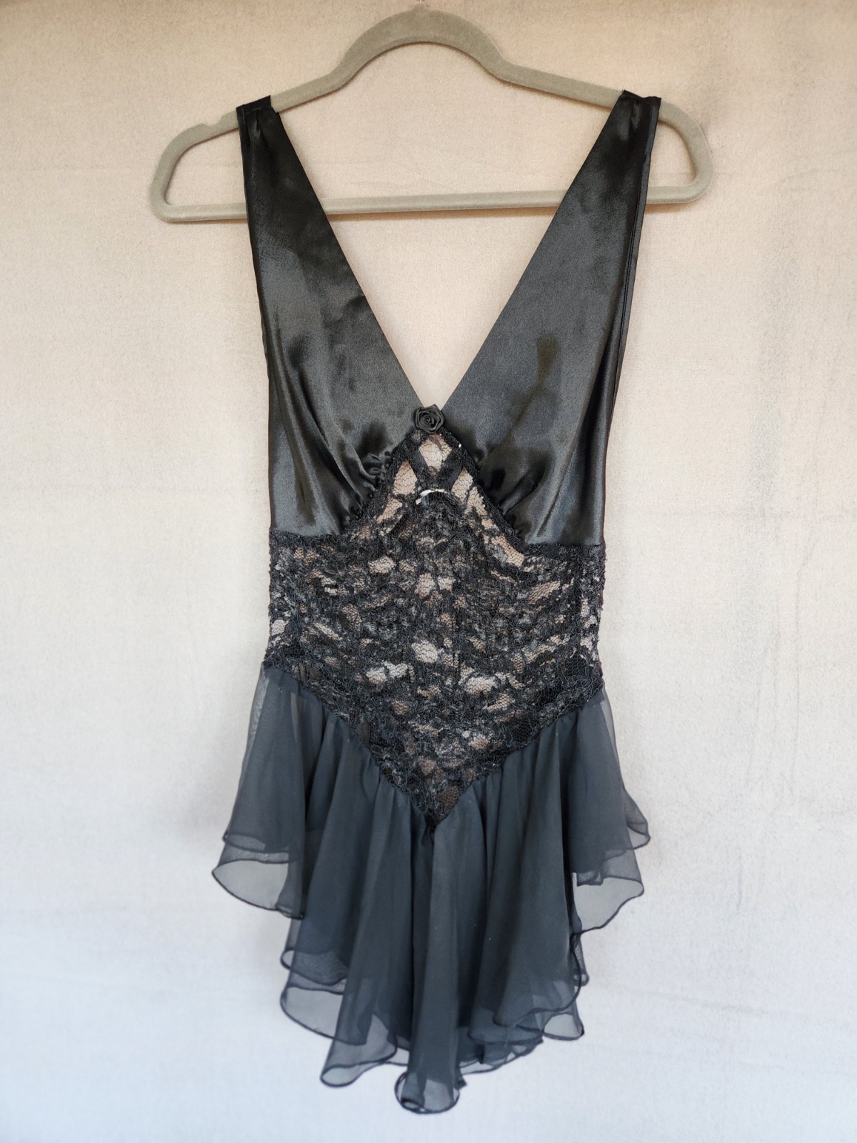 Black Satin Lace Chiffon Teddy Bodysuit Babydoll Lingerie Rosette M
