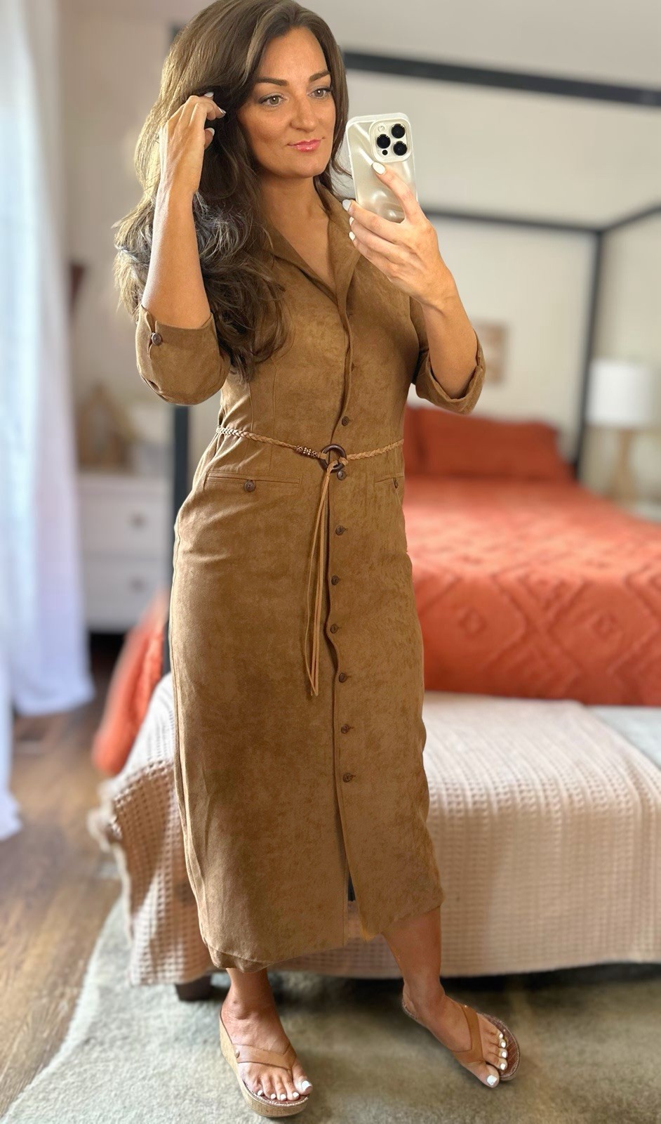 Vintage 90’s Size 8 Brown Suede Button Up Collar Midi Dress