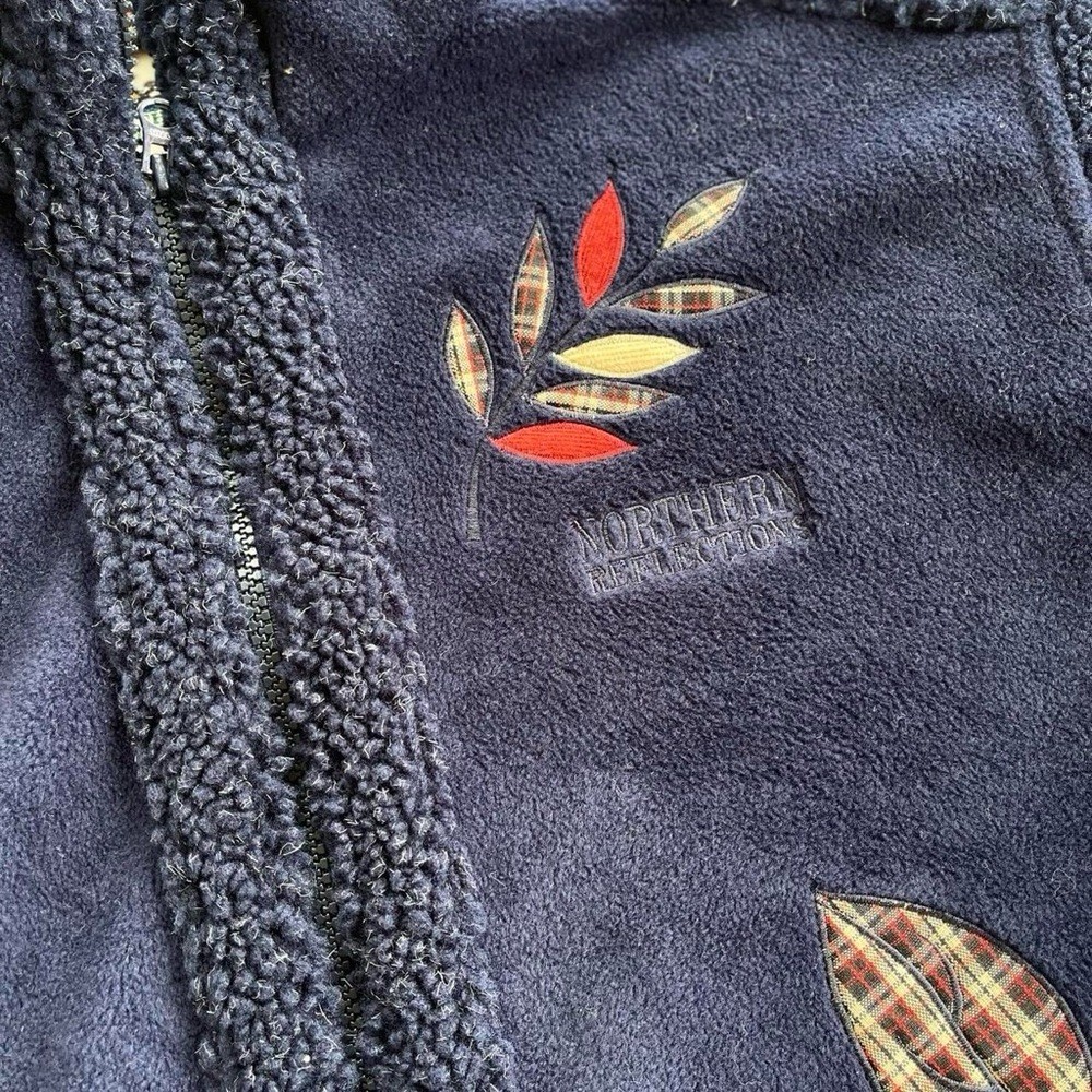 Vintage Northern Reflections Navy Blue Fleece Embroidered Plaid Leaves Jacket L
