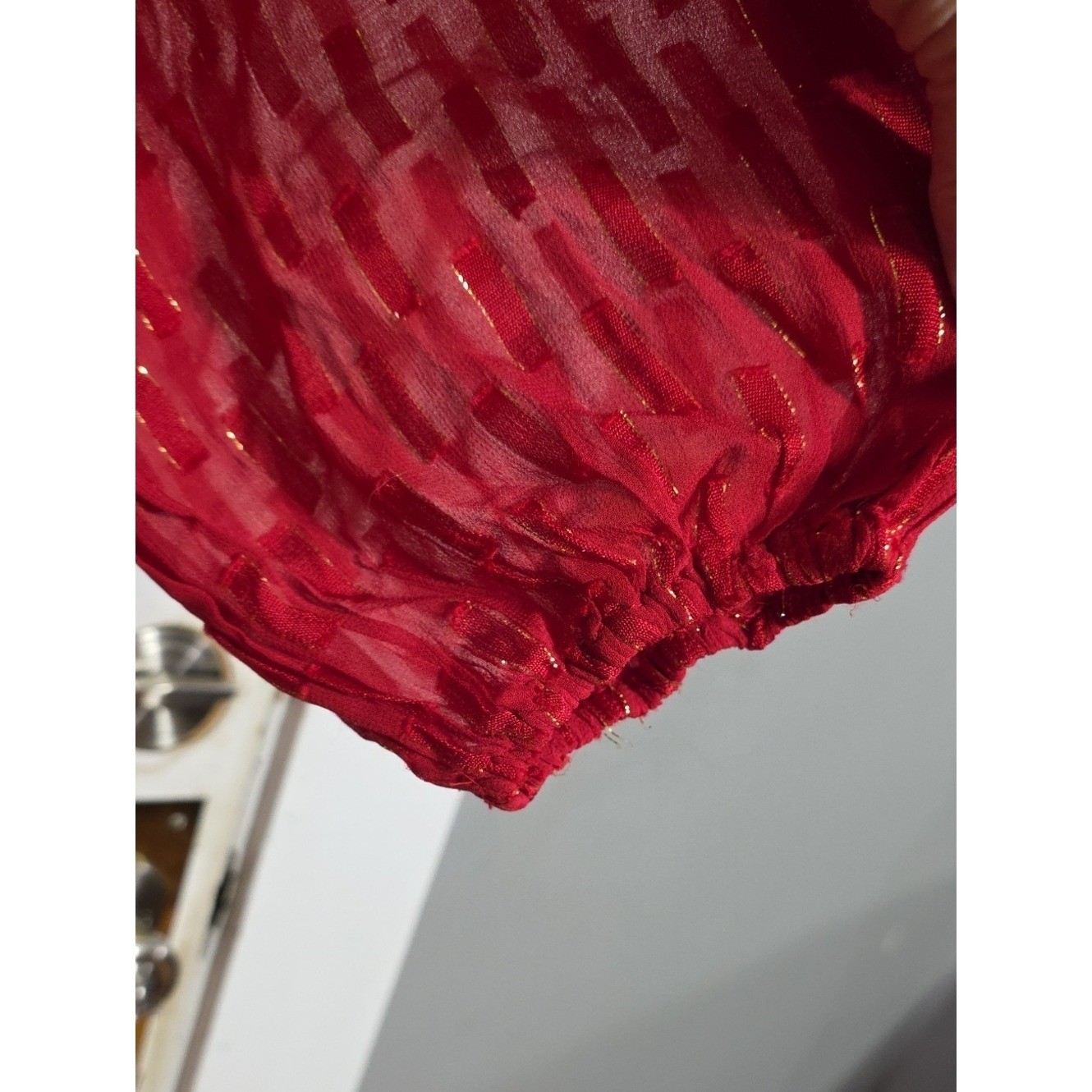 Anthropologie Long-Sleeve Dress Red W/Gold Threading Lined Flowy Gauzy Sz XS EUC