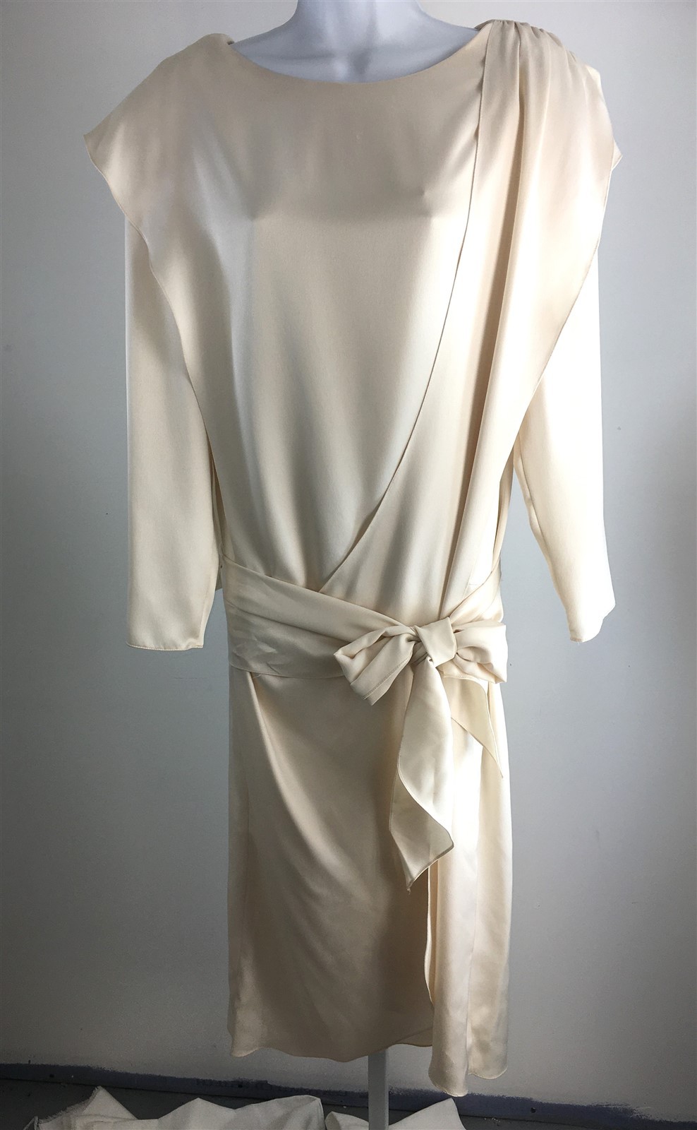 Vtg Ivory 80s Dress Wrap Bow Drop Waist Flowy Skirt Modest Mother Of Bride S-M