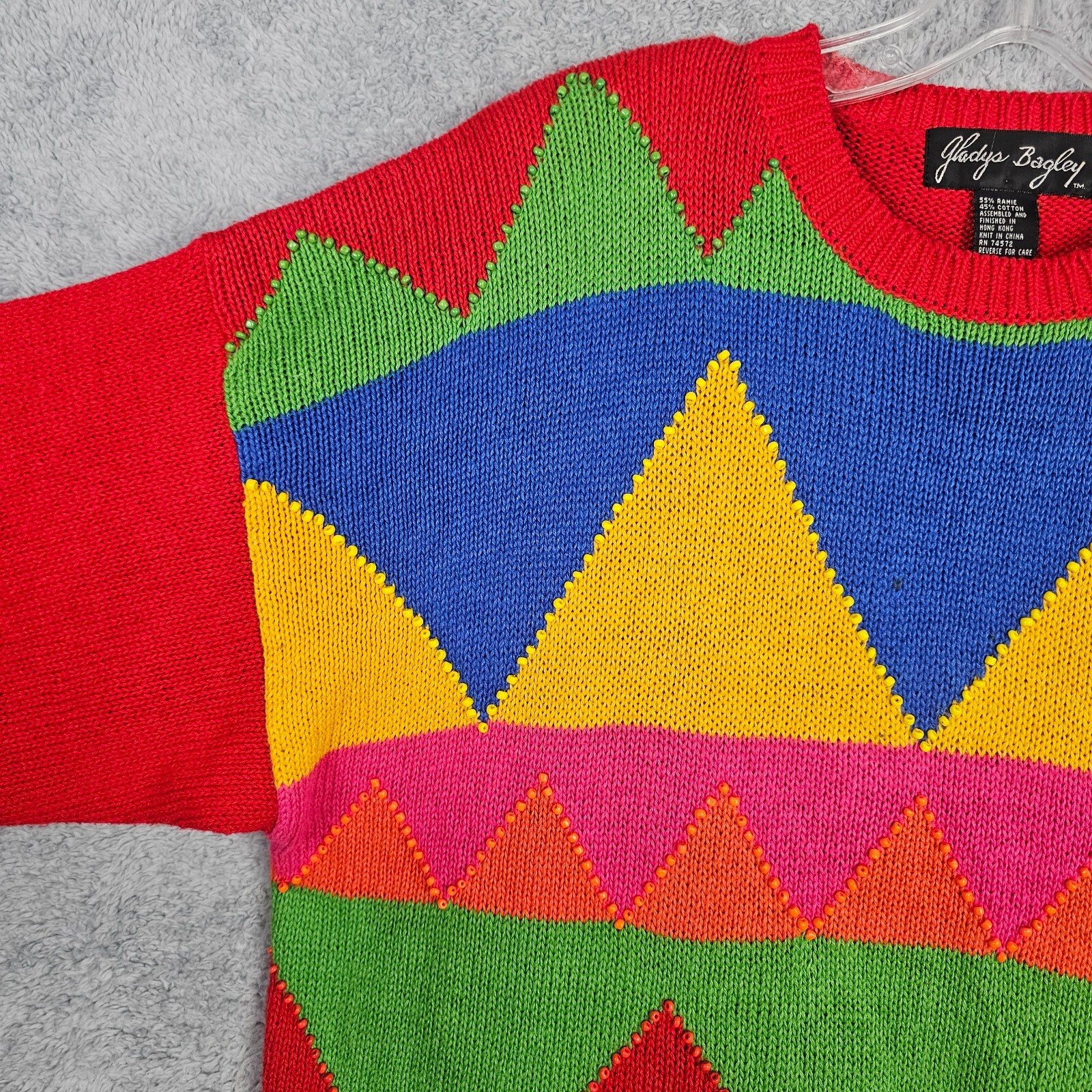 Vintage 80s Womens Sweater Large Red Hip Hop Colorblock Beaded Geometric Cotton