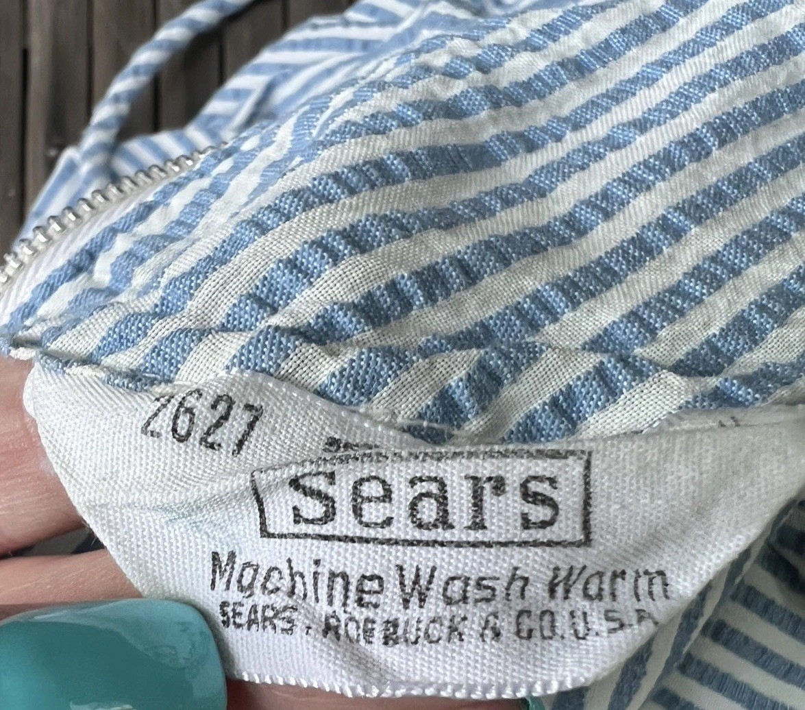 VTG Sears Dress Blue White Seersucker Belt Loops Short Sleeve Knee Length Med/L