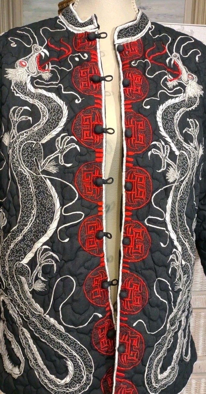 Oriental Mandarin Dragons Embroidery Quilted Cotton Blend Jacket Black L