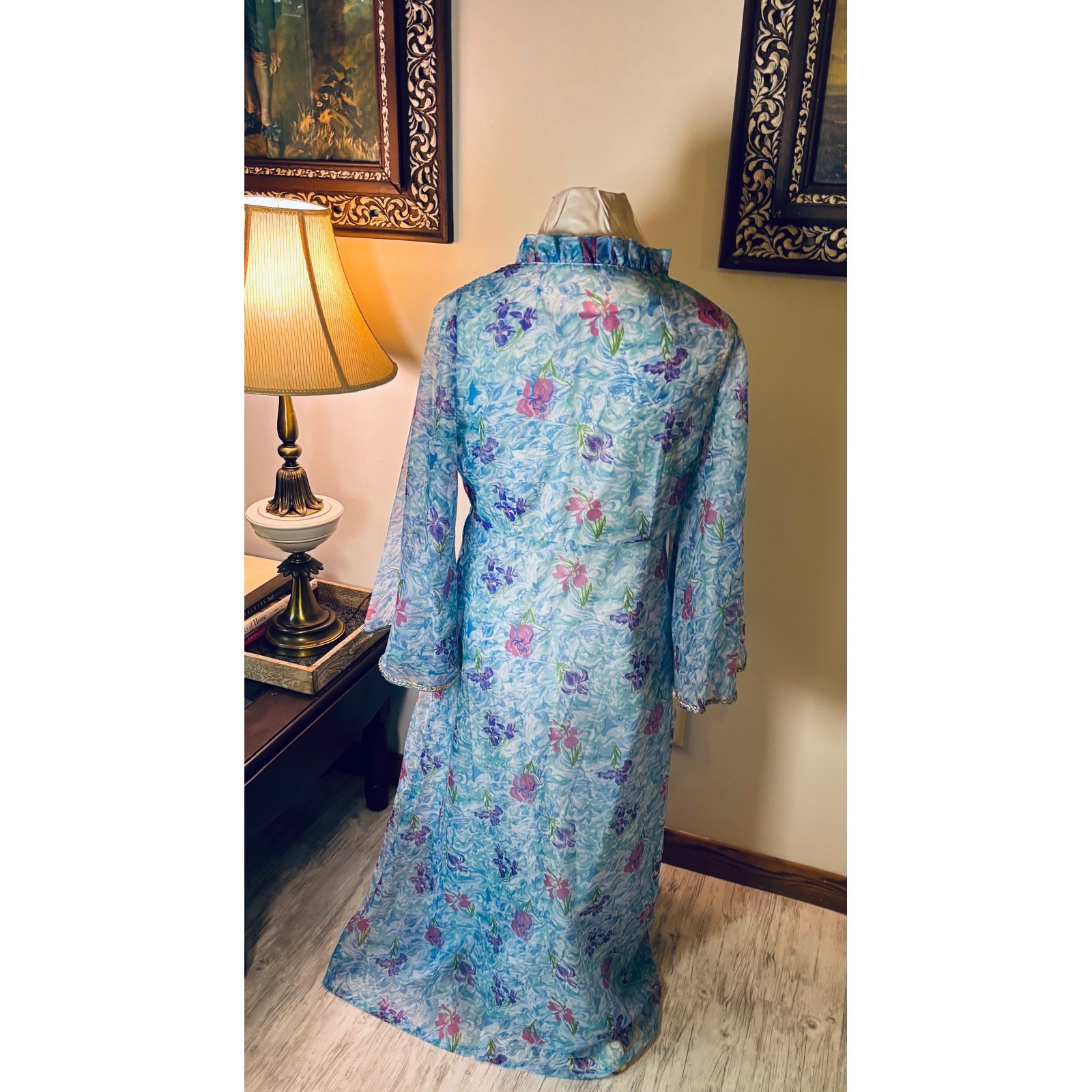 Vintage 60s Mad Men flower Dress Set, Sheer Layered Gown Bell Sleeve S/M