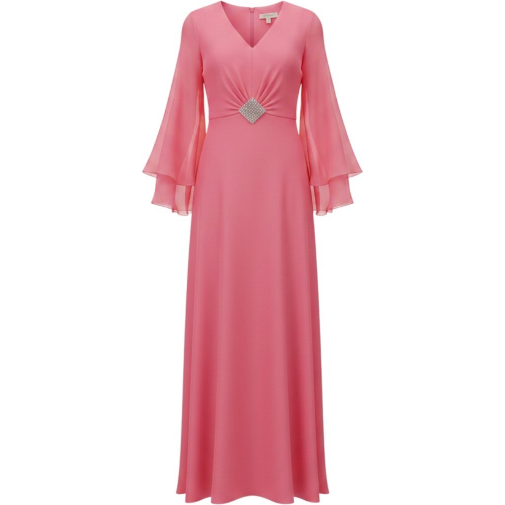 Vintage 70s ILGWU Pink Maxi Dress Rhinestone Sheer Bell Sleeve Gown Plus Size