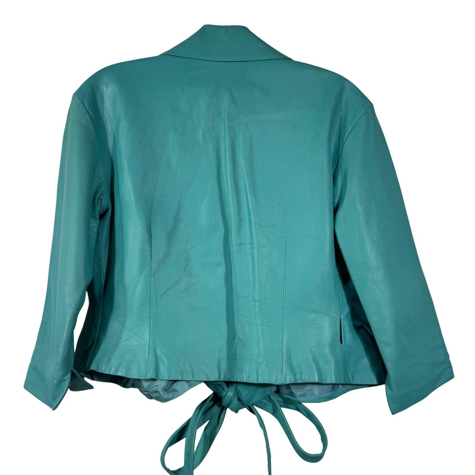 Badgley Mischka Vintage Teal Leather Jacket Silk Lined Cropped Tie Waist Sz M/8