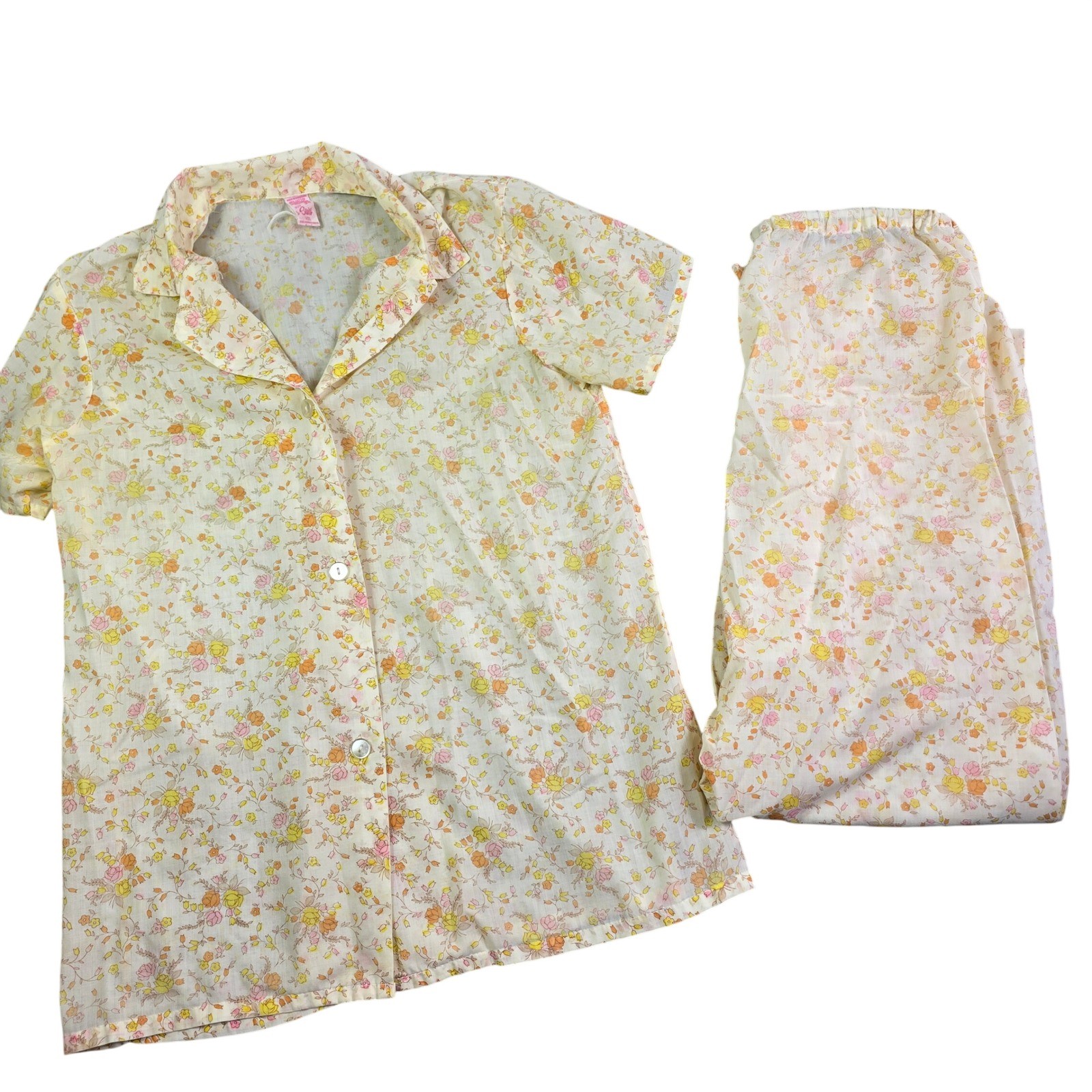Vintage 70s Sears Floral Pajama Set Women 34 Sm Short Sleeve Button Top Bottoms