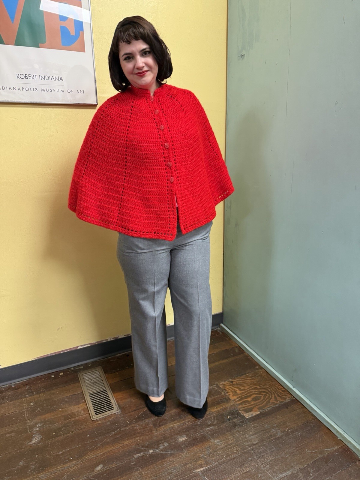 Vintage 1970s Red Crochet Poncho Shawl Size Medium Grandma Core Boho Hippie