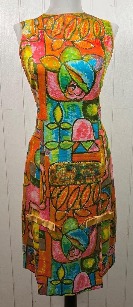 Vintage 1960s Floral Watercolor Art Fitted Dress sz XS by Rafaela Modas