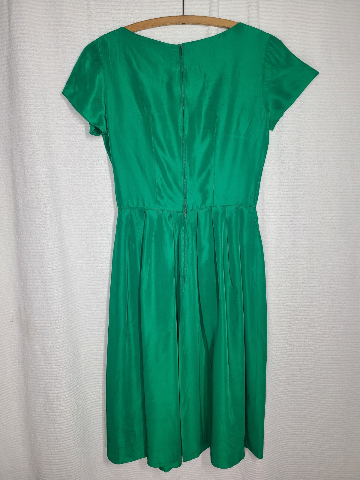 Vtg 60s Emerald Green Portrait Collar Dress Metal Zip Full Pleat Skirt Rayon 27w