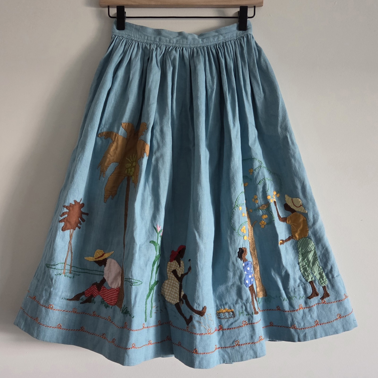 Vintage 1950s Haitian Souvenir Circle Skirt Novelty Applique Hand Embroidered