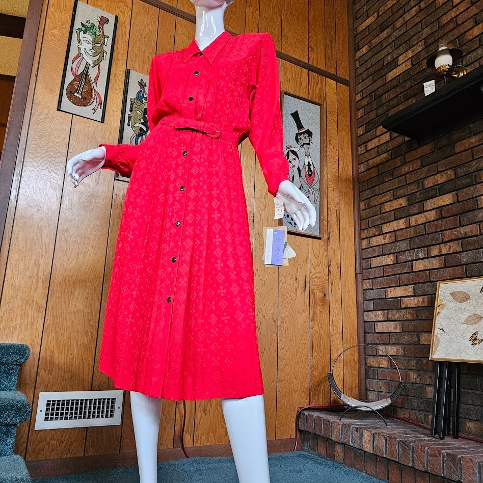 Vtg 80s Silk Jacquard Secretary Liz Claiborne Lipstick Red Femme Boss Dress S/M