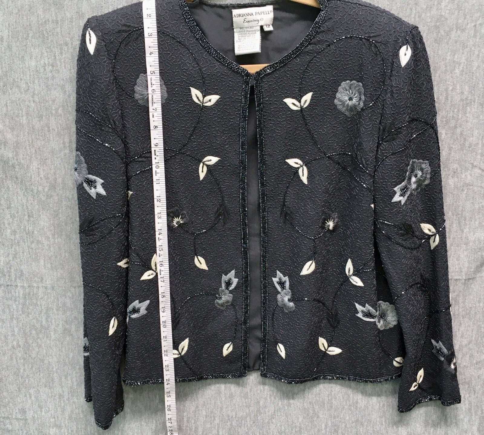 Adrianna Papell Evening Womens 12 Grey Beaded Sequin 100%Silk Long Sleeve Jacket