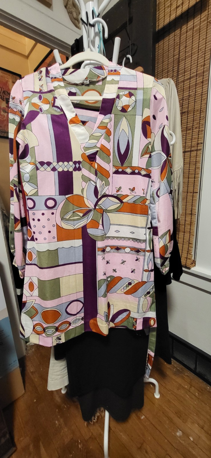 Vintage 1970 MOD Geometric Vibrant Multicolor V Neck & Sash Tunic Mini Dress 12