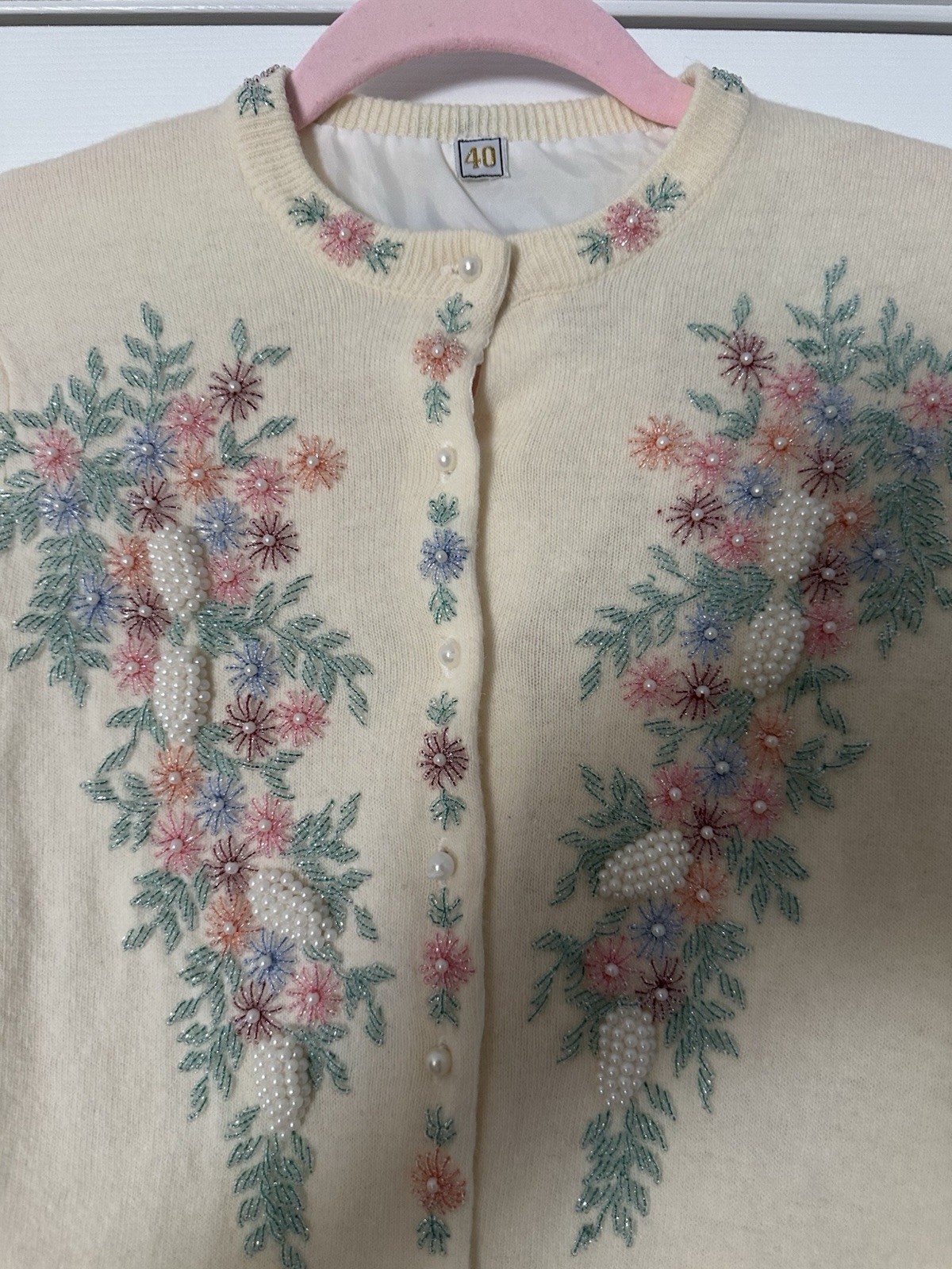 Vintage 1950s 1960s Heavily Beaded Grape Cardigan Pearl Buttons Size 40