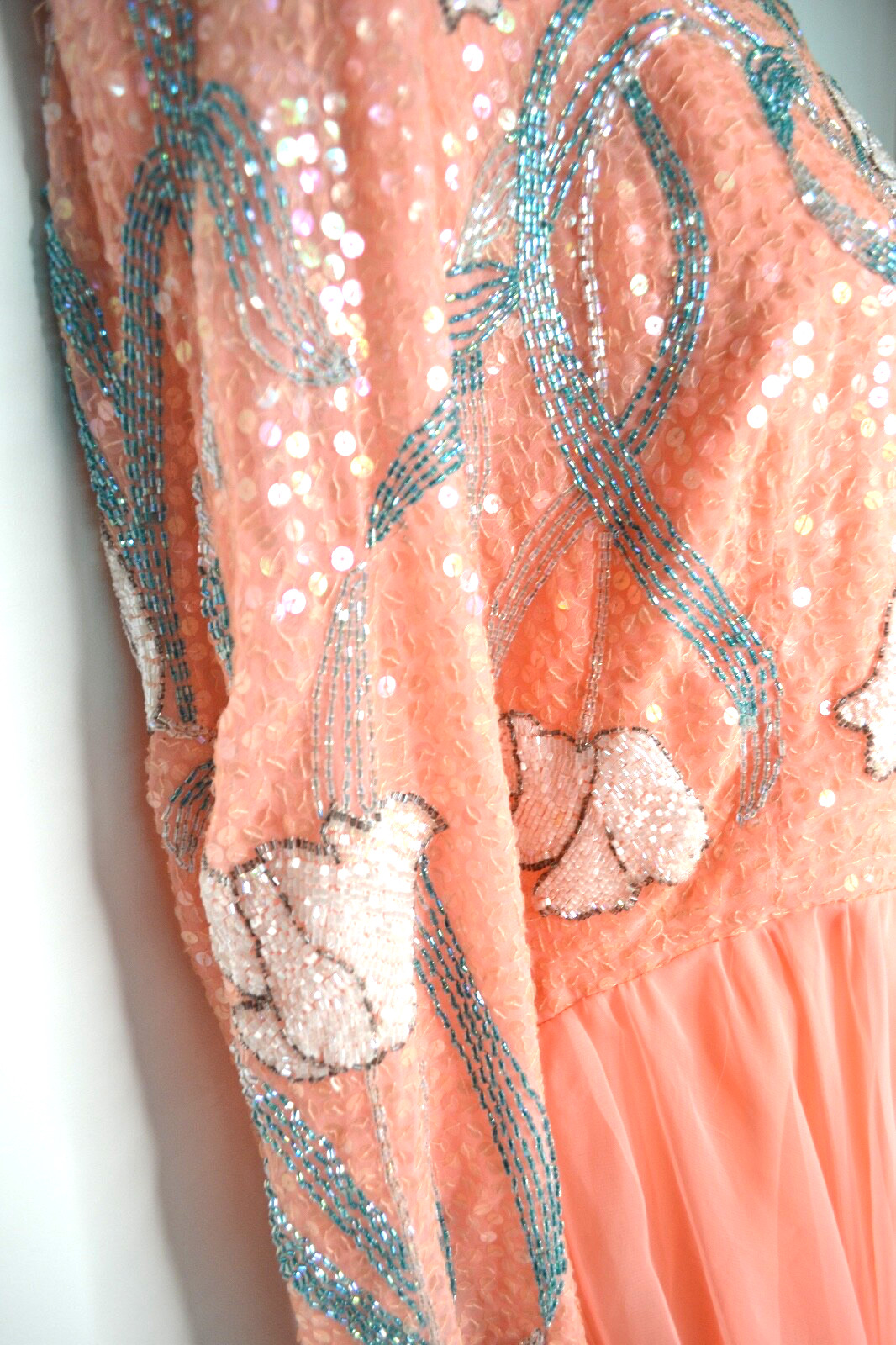 Romantic Vtg Jack Bryan Peach Chiffon Gown Sequins and Beads Long Sleeve Sz 10