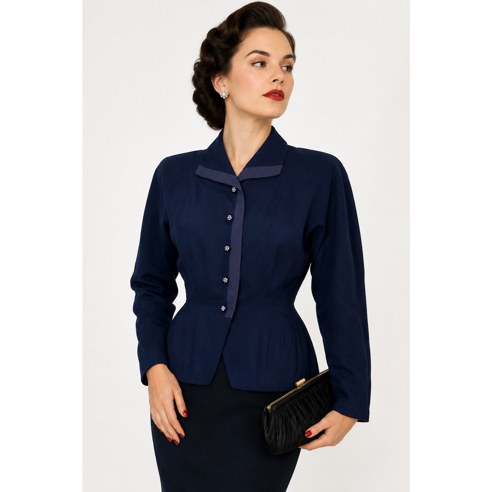 1940s Blue Gabardine Jacket Rhinestone Buttons Grosgrain Trim Fitted Peplum XS S