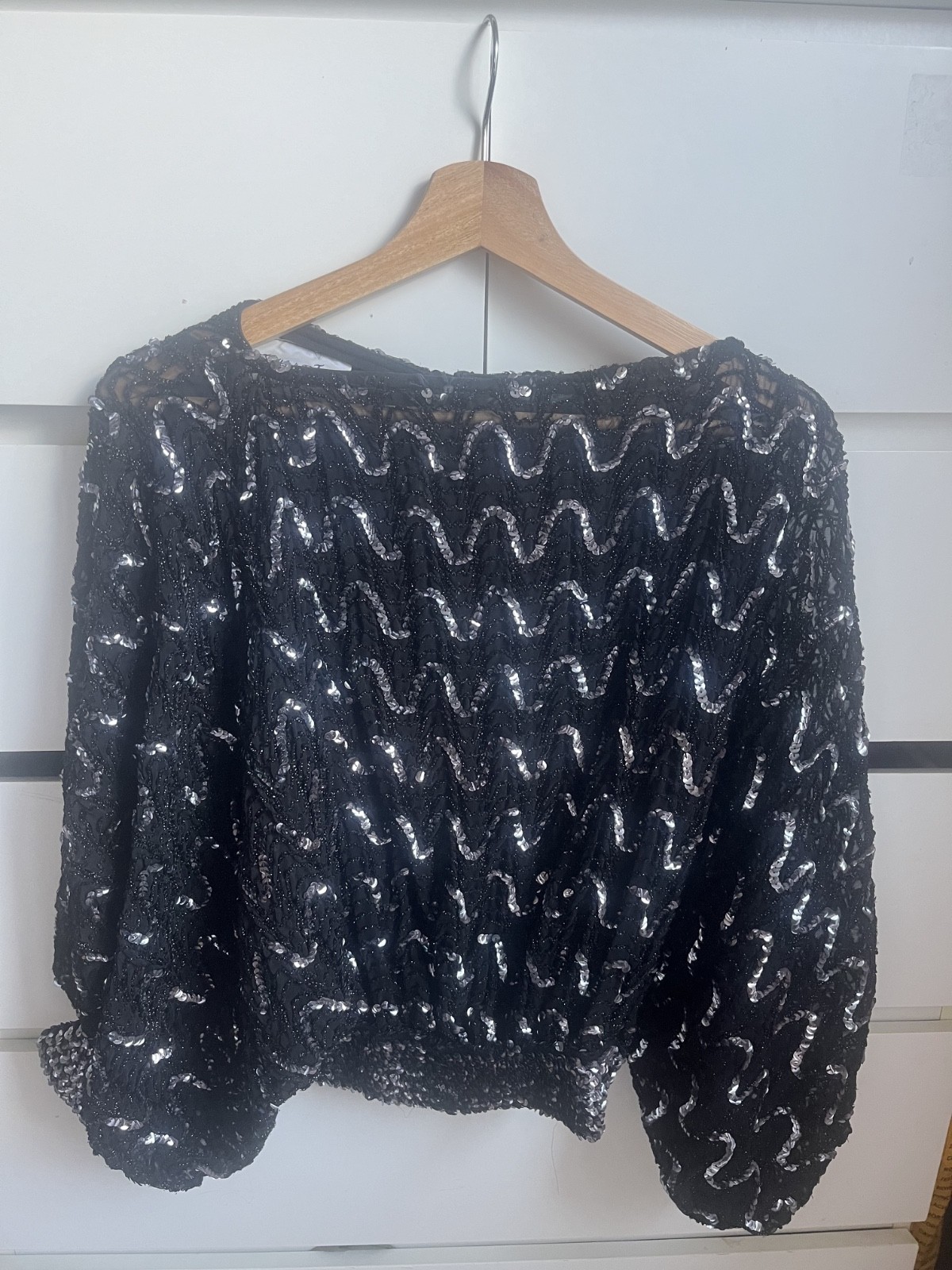 Vintage St. Martin 80s Cropped Top Black Sequin Blouse Bell Sleeve Peek S/M