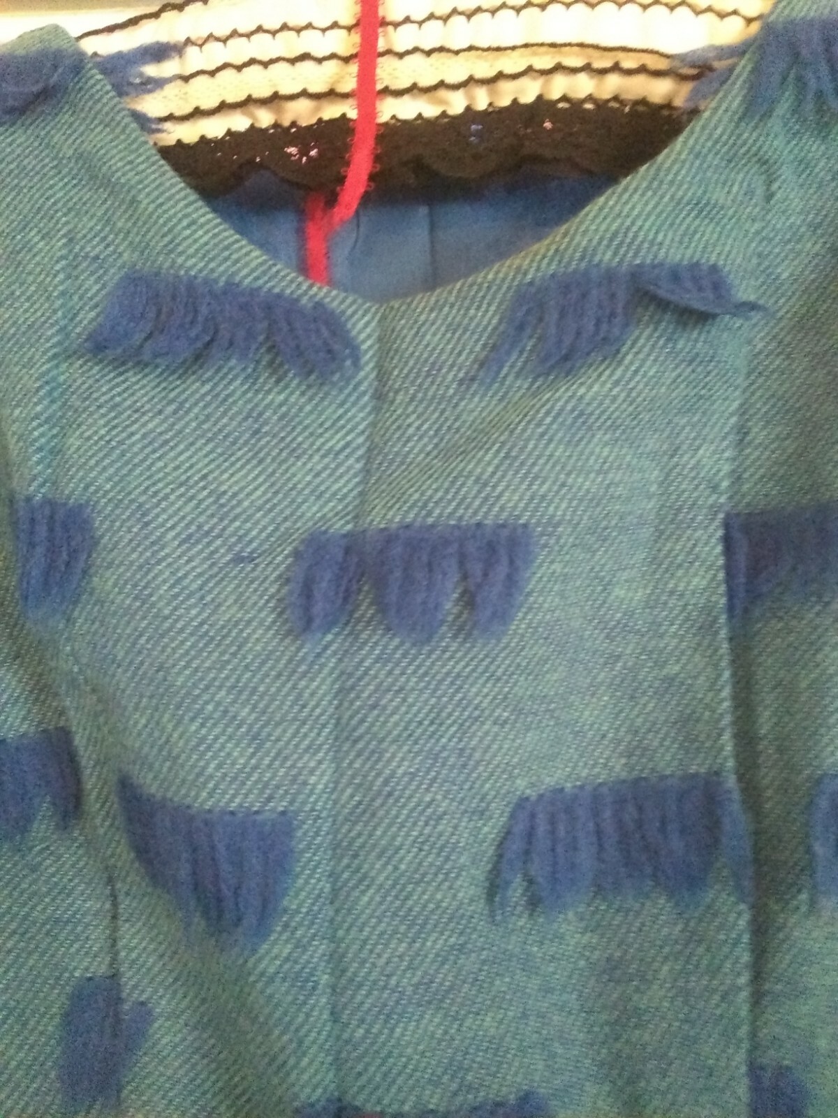 Vintage 40s 50s dress , designer wool fabric, blue tuffs, full pleated skirt
