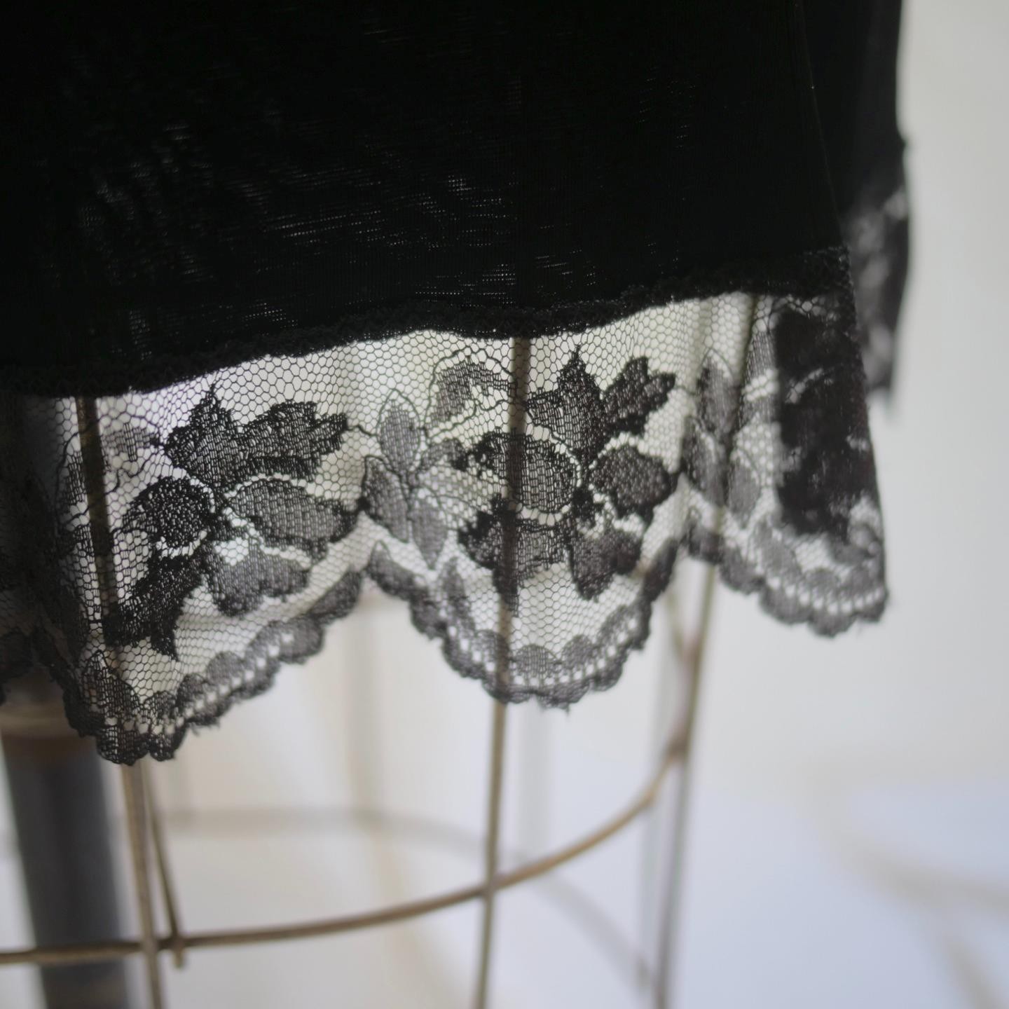 Vintage 60s DIXIE BELLE Black Acetate Tricot Full Slip Dress Floral LACE 34 S/M