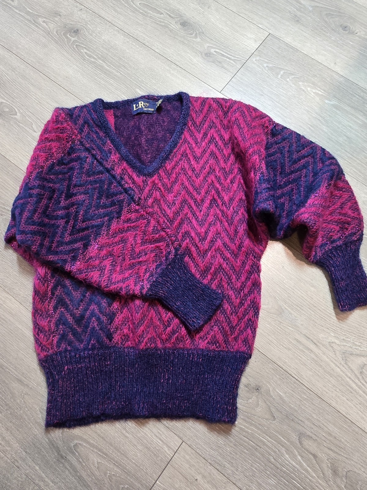 Vintage LeRoy Knitwear Wool Lurex Metallic Pink & Blue MCM Sweater Small Chevron