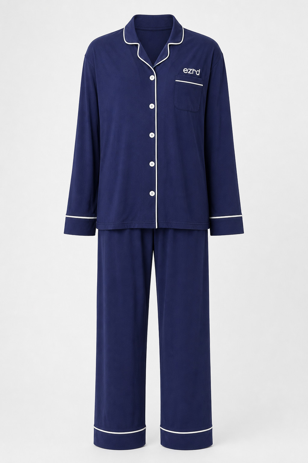 Vintage Navy Cotton Pajamas Set with White Piping, Unbranded, Size Medium