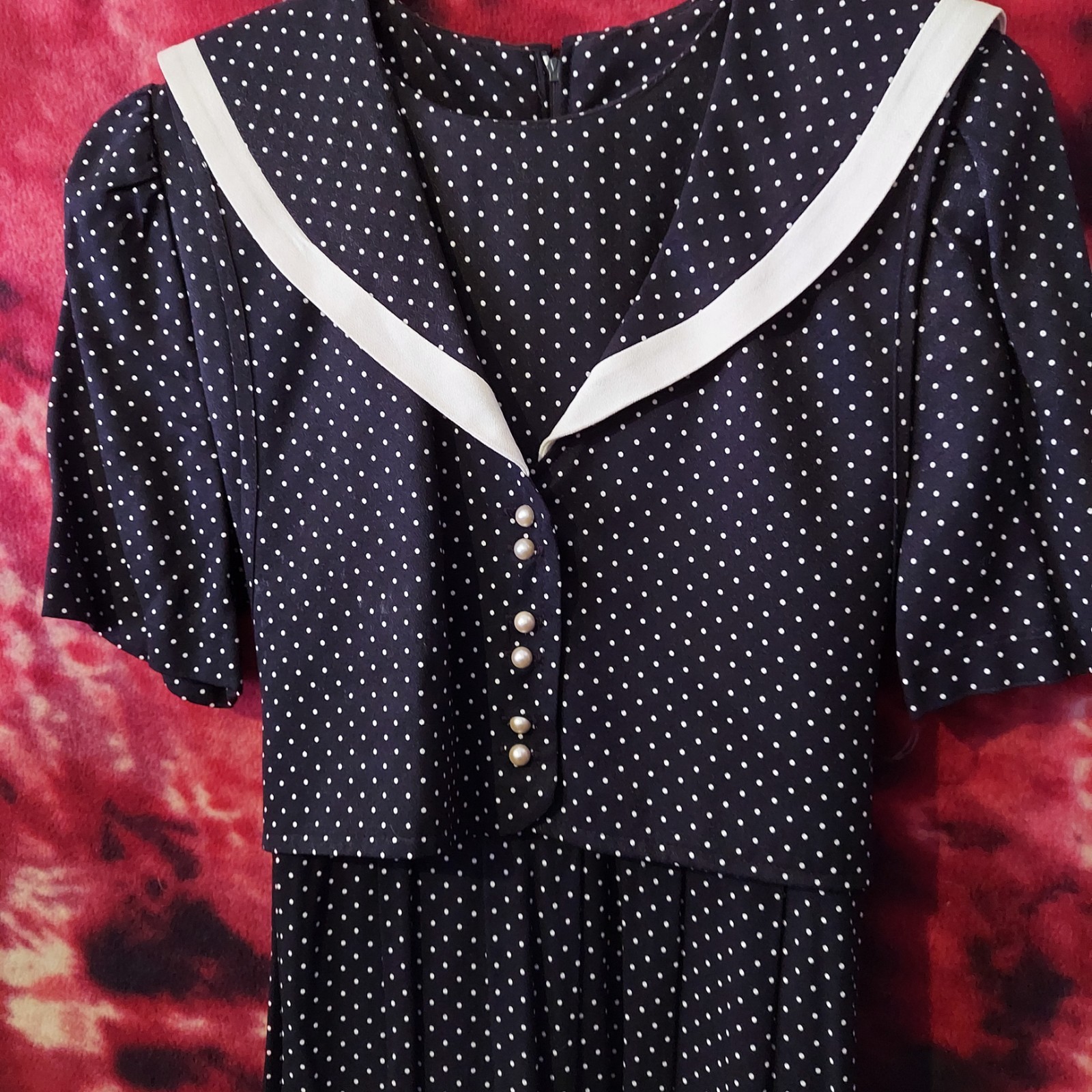 J.B.S. Navy Polka Dot Vintage Dress White Sailor Collar 100% Polyester