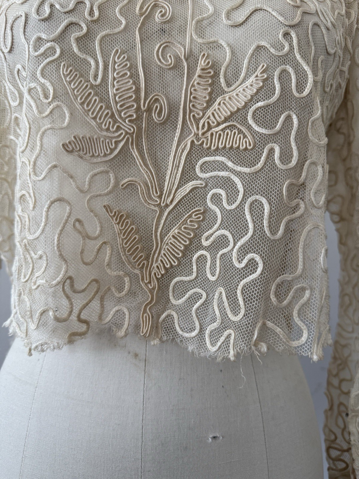 Antique Sheer Net Lace Blouse Top Cord Soutache Embroidery Art Nouveau Bridal XS