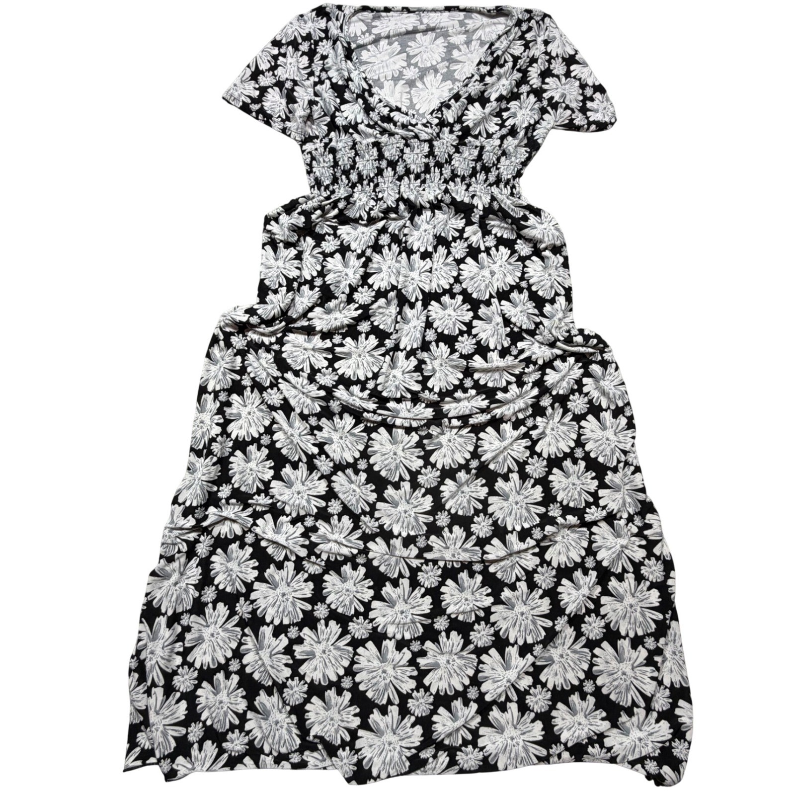 Vintage 90s Black White Daisy Floral Smocked Maxi Dress Large Summer Cottagecore