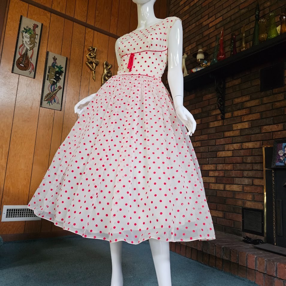Vintage 50s Flocked Cherry Red Polka Dot Organza Shelf Bust Prom Wedding Dress S