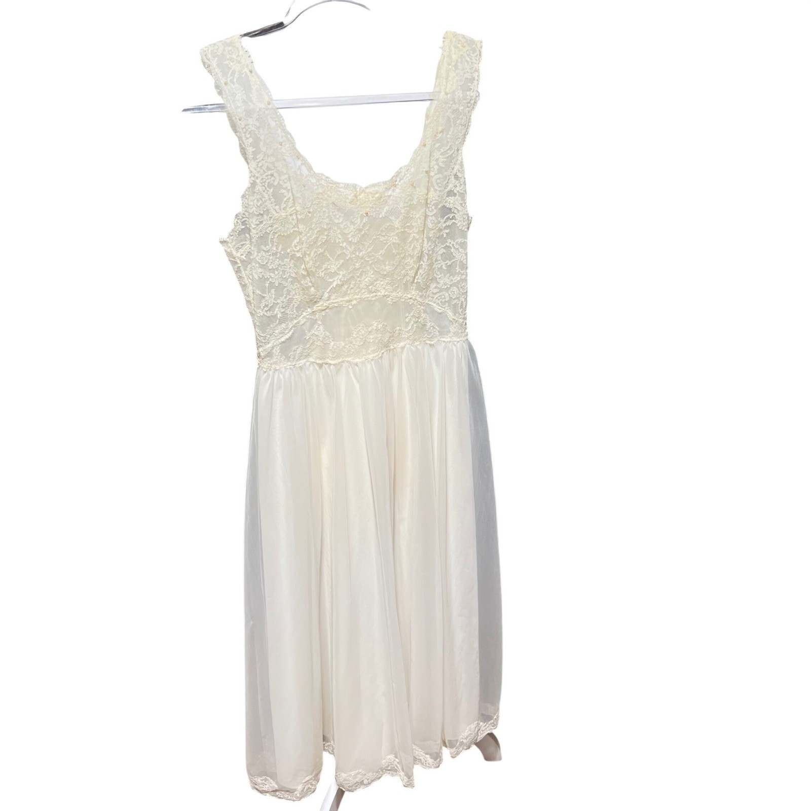 Vintage Ivory Lace Peignoir Set Bridal Nightgown and Sheer Robe Pearl Detail