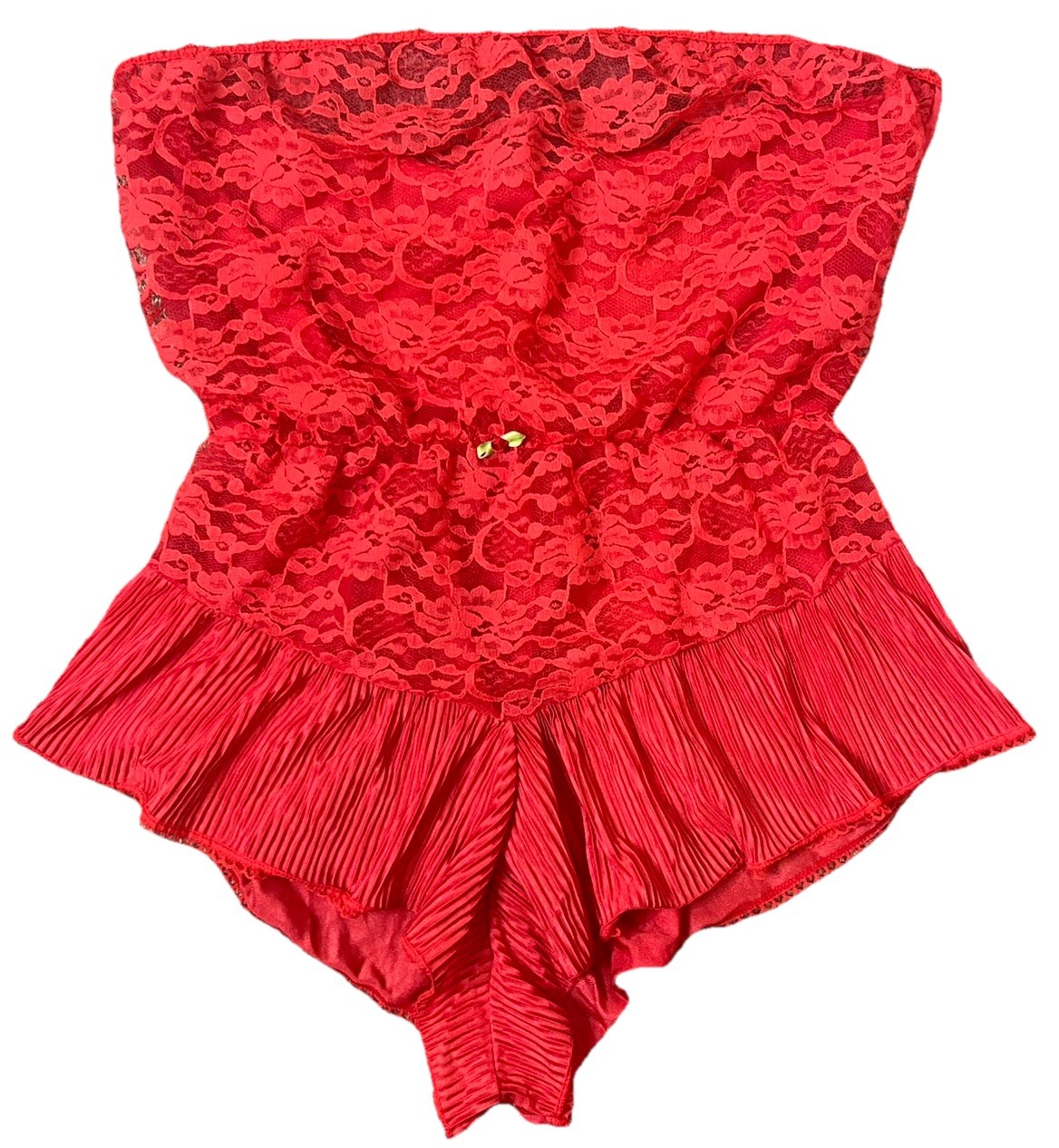 Vtg Nylon Lingerie Teddy Romper Playsuit Large Red Sheer Lace Strapless Sexy