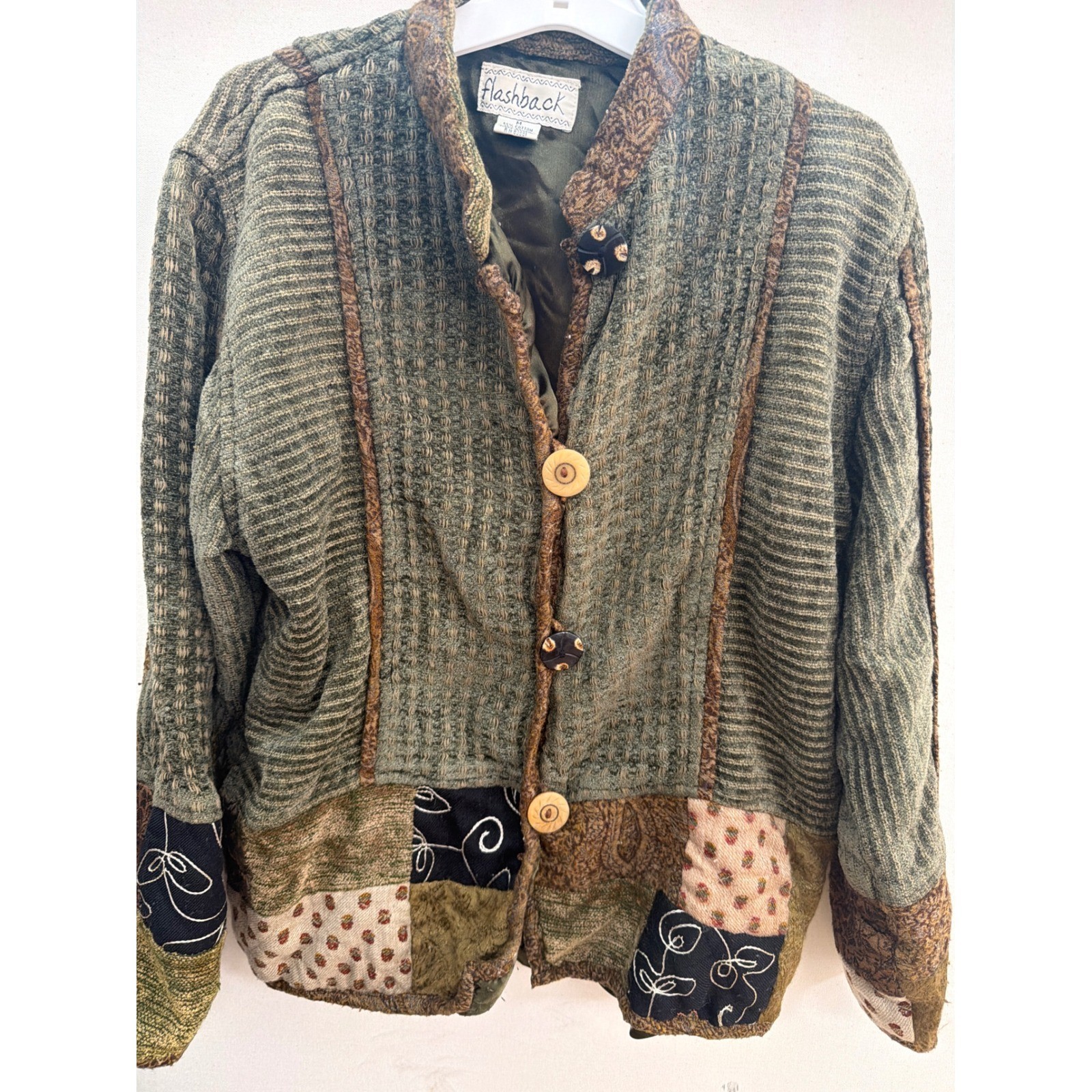 Flashback Vintage Patchwork Jacket Green Brown Cotton Rayon Boho Medium