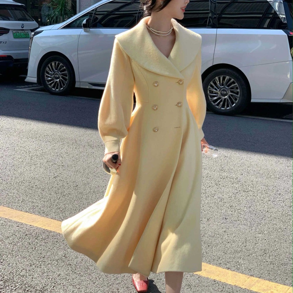 Ladies Yellow Coat Tweed Jacket Double Breasted Wide Hem Shawl Collar